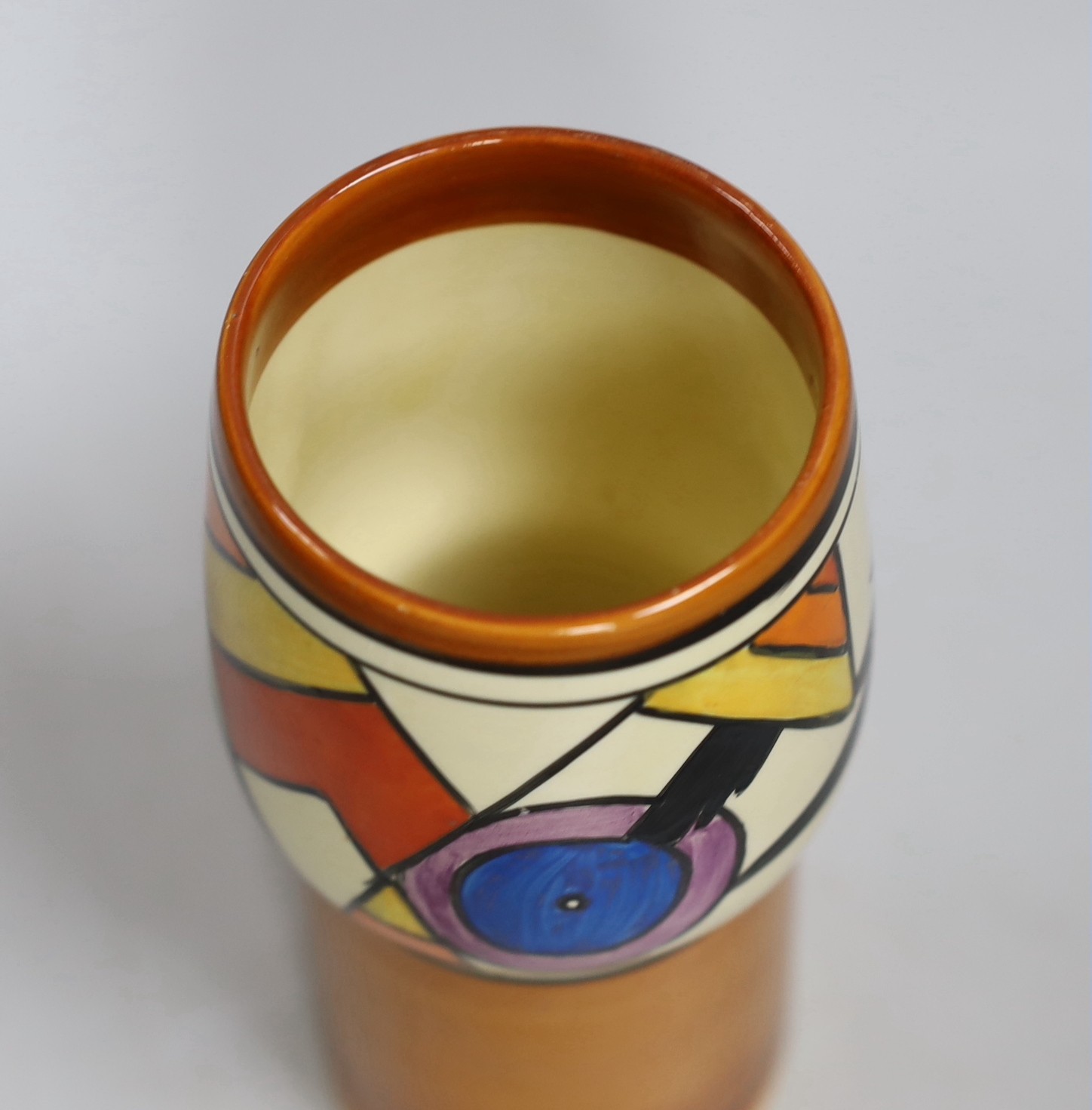 An early Clarice Cliff Bizarre Lightening-pattern vase, 18cm